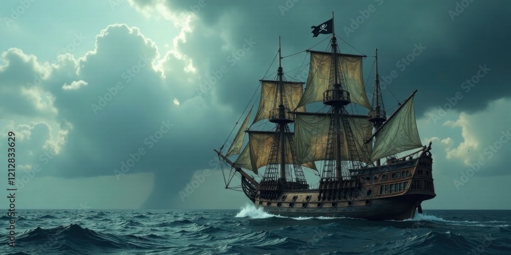 Fototapeta premium A majestic galleon sails through a tempestuous sea under a dramatic sky, its sails full, navigating the churning waves towards an uncertain horizon.