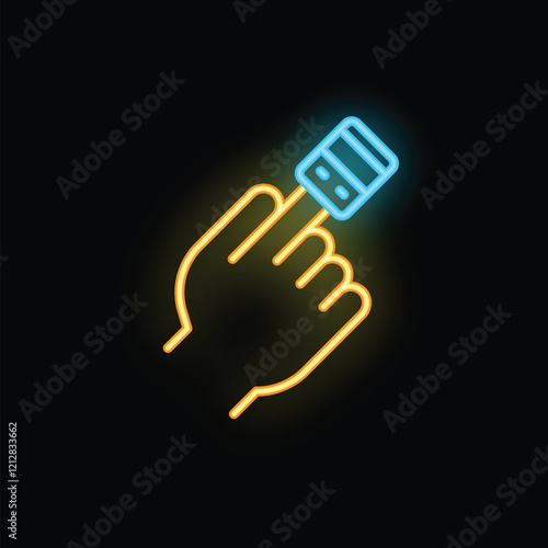 Neon style icon of a hand holding a credit card, perfect for projects related to online shopping and payments