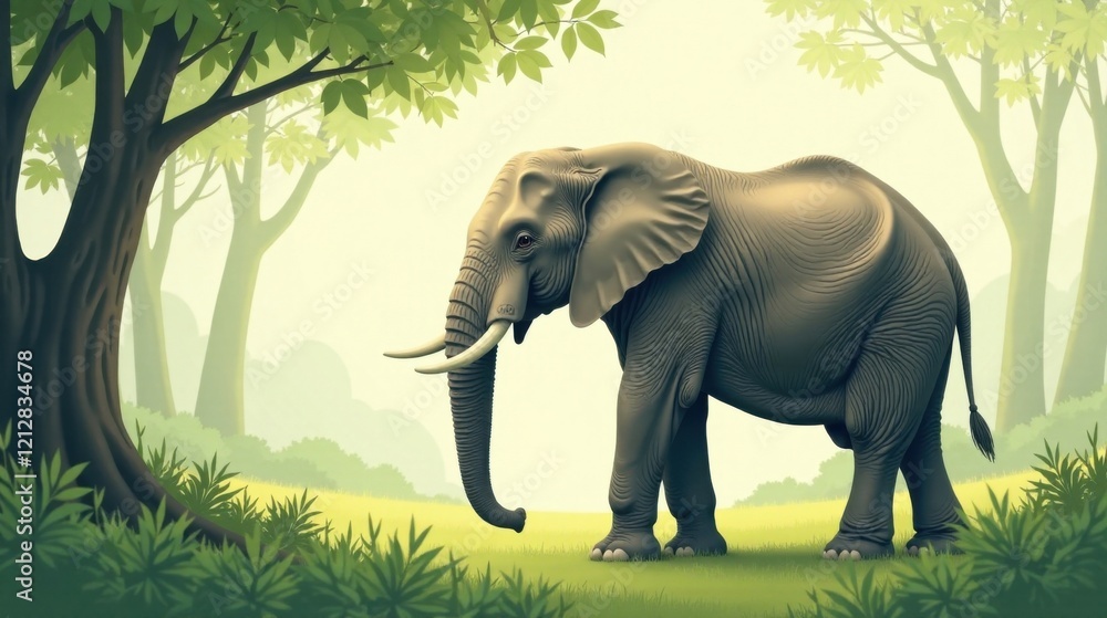 Fototapeta premium Majestic Elephant in Serene Woodland Setting, Tranquil Nature Scene Featuring a Large Adult Elephant Amidst Lush Greenery and Misty Forest