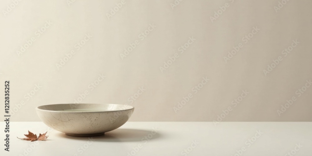 Serene Minimalist Still Life A Simple Bowl of Water and a Dried Leaf on a Neutral Background Serene Minimalist Still Life A Simple Bowl of Water and a Dried Leaf on a Neutral Background