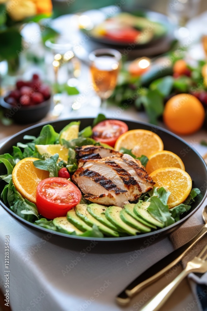 Crisp salad bowl adorned with grilled chicken, avocados, and citrus fruits on an elegant dining table for delightful gatherings Crisp salad bowl adorned with grilled chicken, avocados, and citrus fruits on an elegant dining table for delightful gatherings