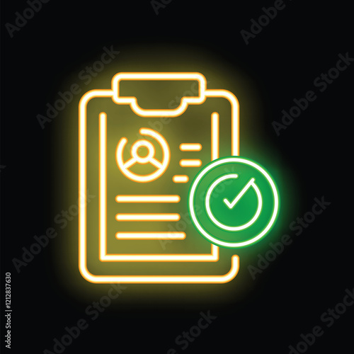 Glowing neon icon of a clipboard with a candidate cv and a green checkmark, symbolizing successful hiring