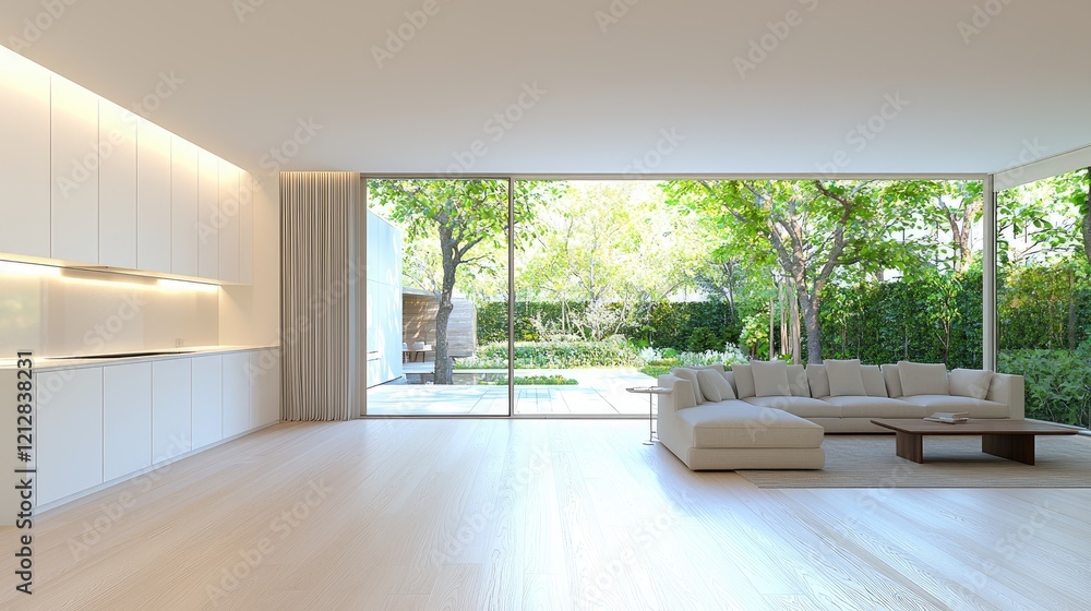 Obraz premium Modern living room with garden view, sunlight streaming through large windows. Ideal for interior design websites