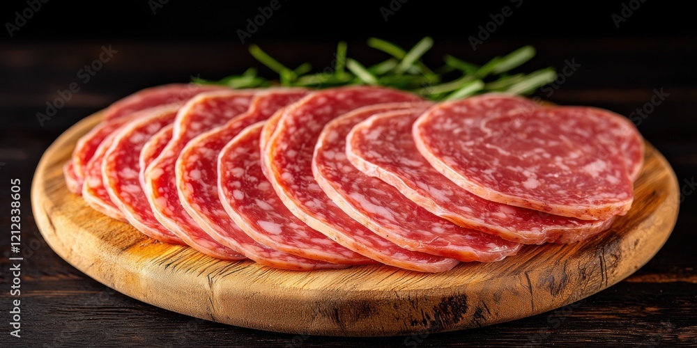 Slices of Salami on Wooden Board with Fresh Herbs for Appetizer Slices of Salami on Wooden Board with Fresh Herbs for Appetizer