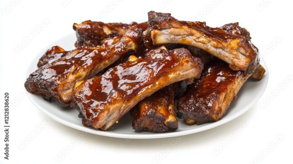 A plate of succulent barbecue ribs with a sticky barbecue sauce glaze, Each rib’s caramelized exterior and tender meat captured with precision A plate of succulent barbecue ribs with a sticky barbecue sauce glaze, Each rib’s caramelized exterior and tender meat captured with precision