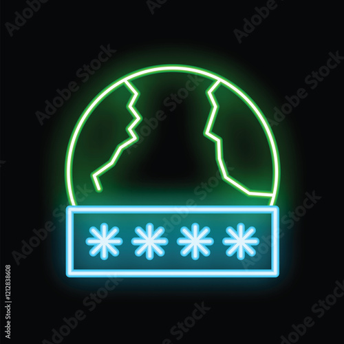 Neon glowing icon of a broken earth with a password protection sign, symbolizing global cybersecurity threats