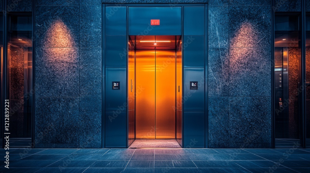 Obraz premium Soft orange light spills from an elevator in a contemporary building, contrasting against dark stone walls. The quiet atmosphere evokes a feeling of solitude in an urban setting at dusk