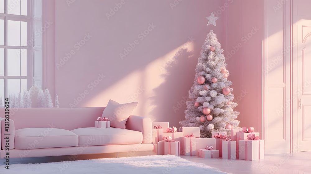 Cozy pastel living room, stylish furniture with plush sofa, decorated Christmas tree, soft lighting creating a warm atmosphere. Cozy pastel living room, stylish furniture with plush sofa, decorated Christmas tree, soft lighting creating a warm atmosphere.