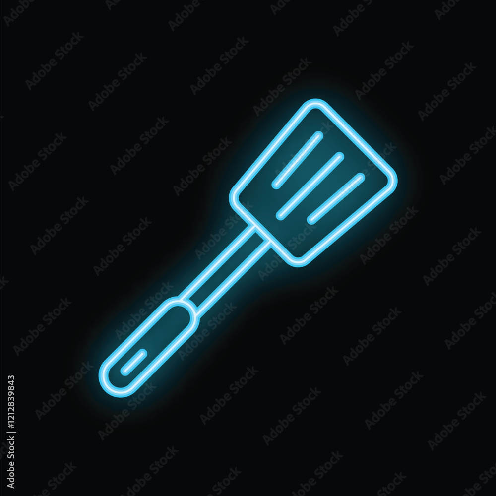 Blue neon sign of a spatula glowing on a black background Blue neon sign of a spatula glowing on a black background