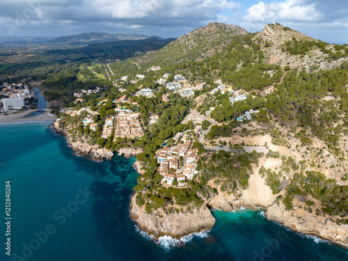 Aerial View , Cuevas de Arta and Platja de Canyamel, Capdepera, Mallorca, Balearic Islands, Spain photo