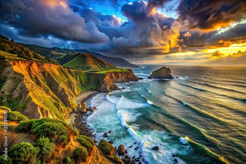 Ragged Point California Low Light, Coastal Scenery, Dramatic Sky, AI Photo photo