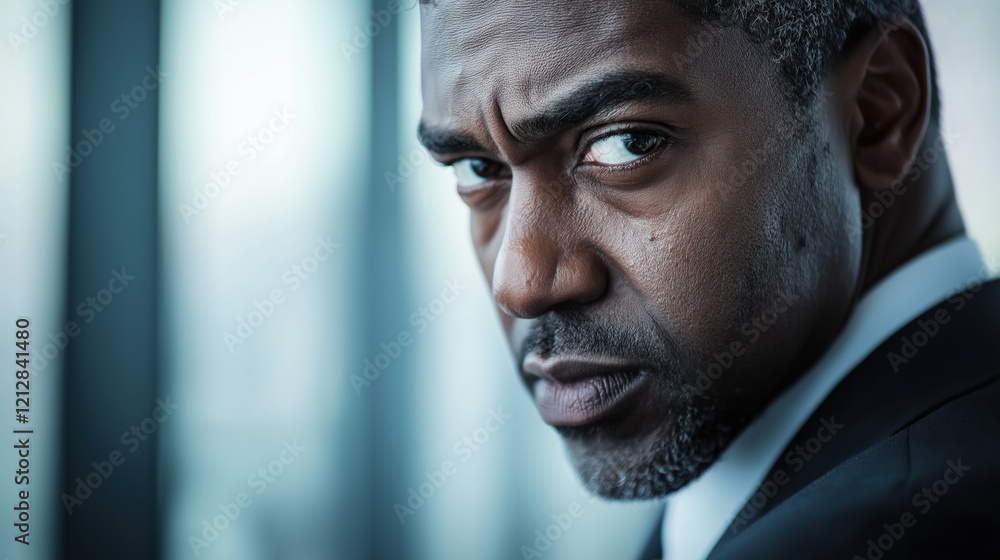 Intense gaze of African American mature man in a suit reflecting determination and focus Intense gaze of African American mature man in a suit reflecting determination and focus