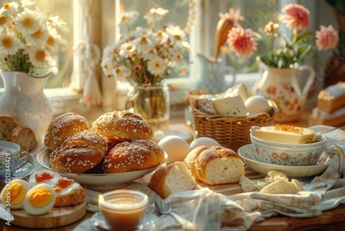 Wallpaper Mural A table welcomes guests with fresh rolls, cheeses, boiled eggs, jams, and hot coffee in a cheerful German kitchen Torontodigital.ca