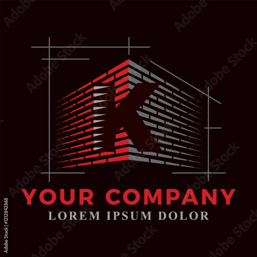 Brick laying construction combined with initial letter K logo design. Construction logo design template 
