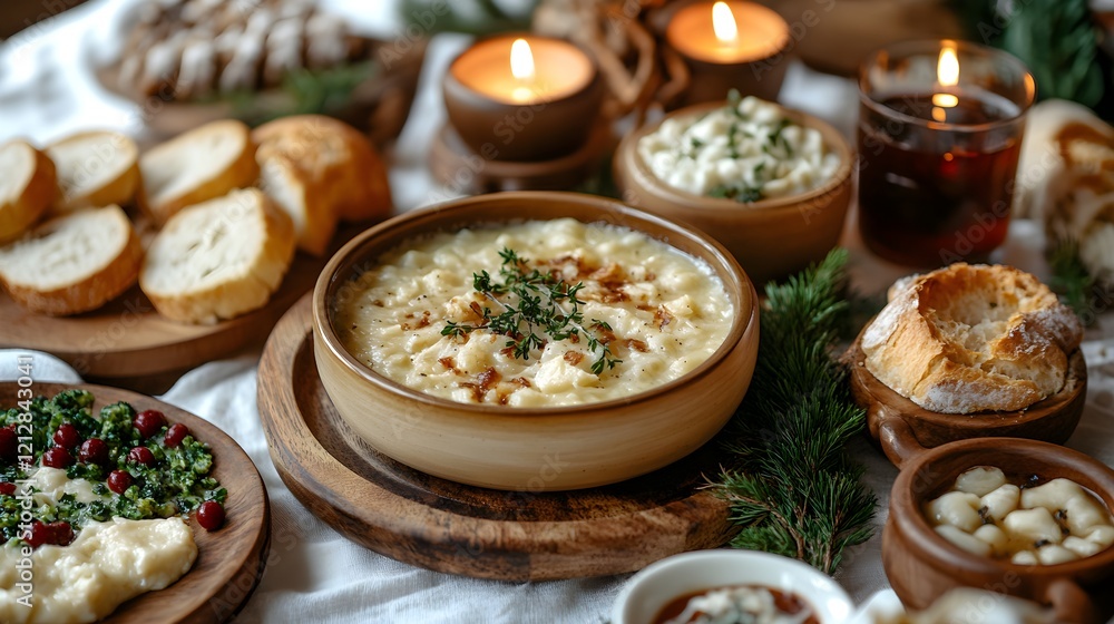 Traditional Winter Dishes and Drinks Set on a Cozy Table – Generative AI Traditional Winter Dishes and Drinks Set on a Cozy Table – Generative AI