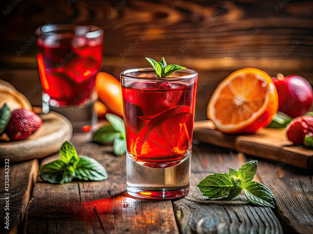 Red Cocktail on Rustic Background - Rule of Thirds Focus Red Cocktail on Rustic Background - Rule of Thirds Focus