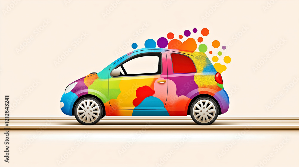 Fototapeta premium Colorful Abstract Car with Vibrant Dots on Minimalist Background.