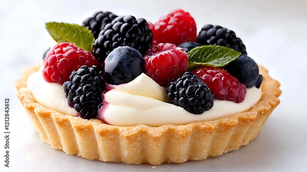 Delicious mini tart filled with creamy custard and assorted fresh berries like raspberries, blackberries, and blueberries, garnished with mint leaves. Delicious mini tart filled with creamy custard and assorted fresh berries like raspberries, blackberries, and blueberries, garnished with mint leaves.