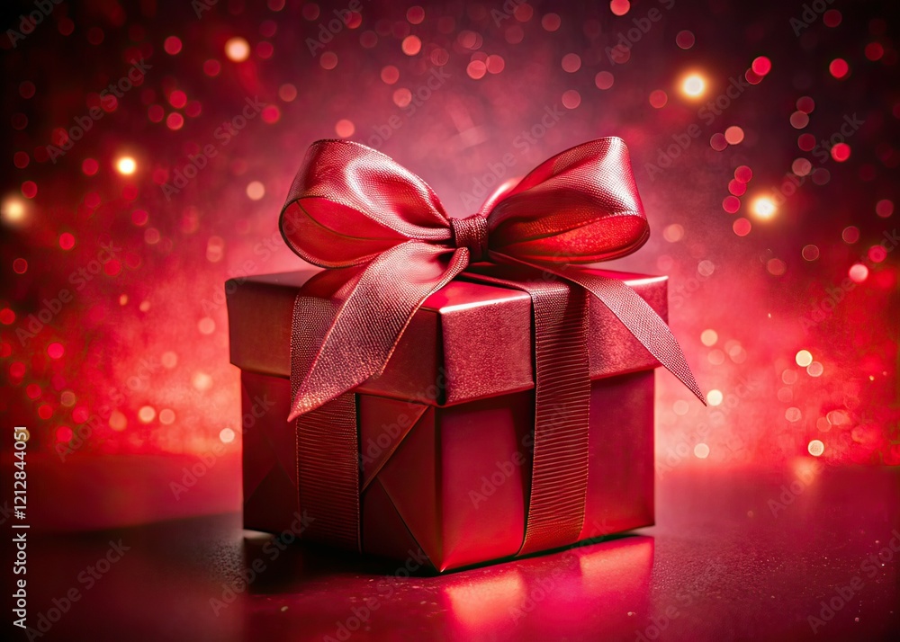 Obraz premium Red Gift Box Double Exposure Red Background AI Art, Gift Wrapping, Festive, Holiday