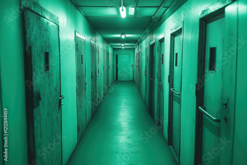 Eerie green corridor with industrial lighting in an abandoned building photo