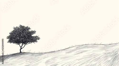 Minimalist black and white drawing of a lonely tree growing on a hill photo