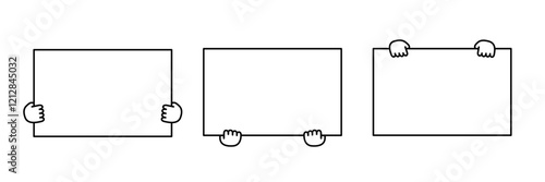 白いボードを持つ手の白黒線画のイラストセット