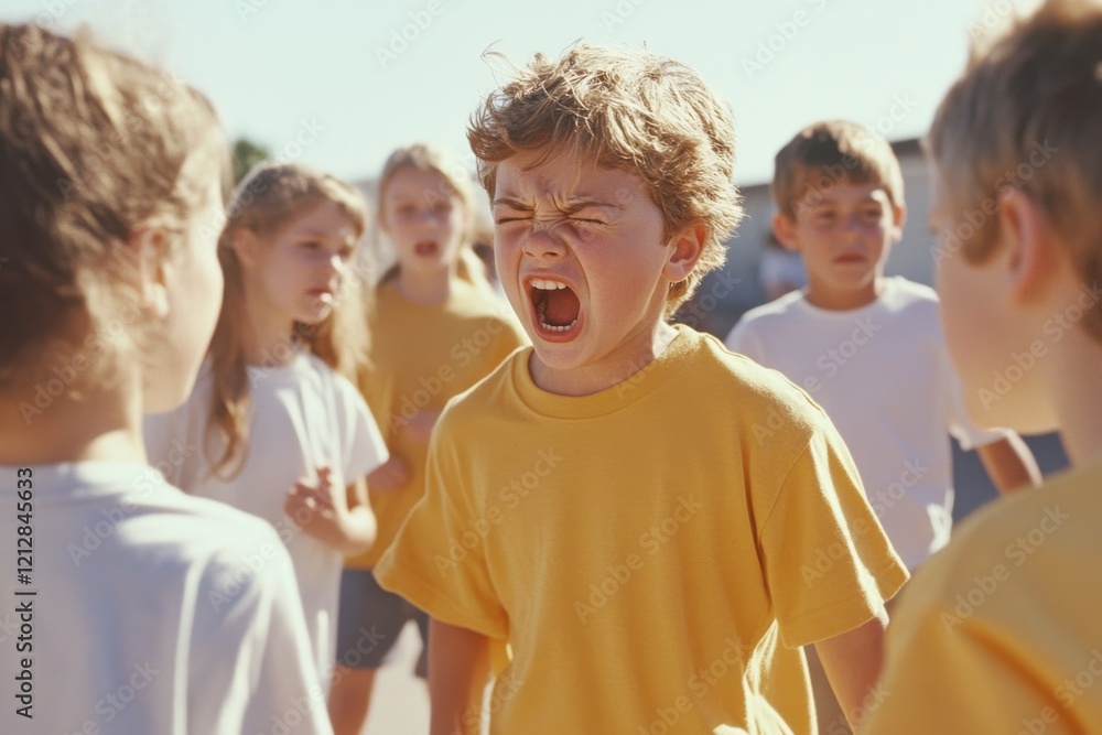 Obraz premium Conflict among friends during playtime showcases aggressive behavior in a sunny playground setting