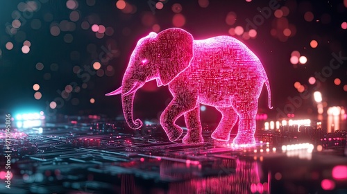 Pink digital elephant walking on circuit board, bokeh background, tech concept photo
