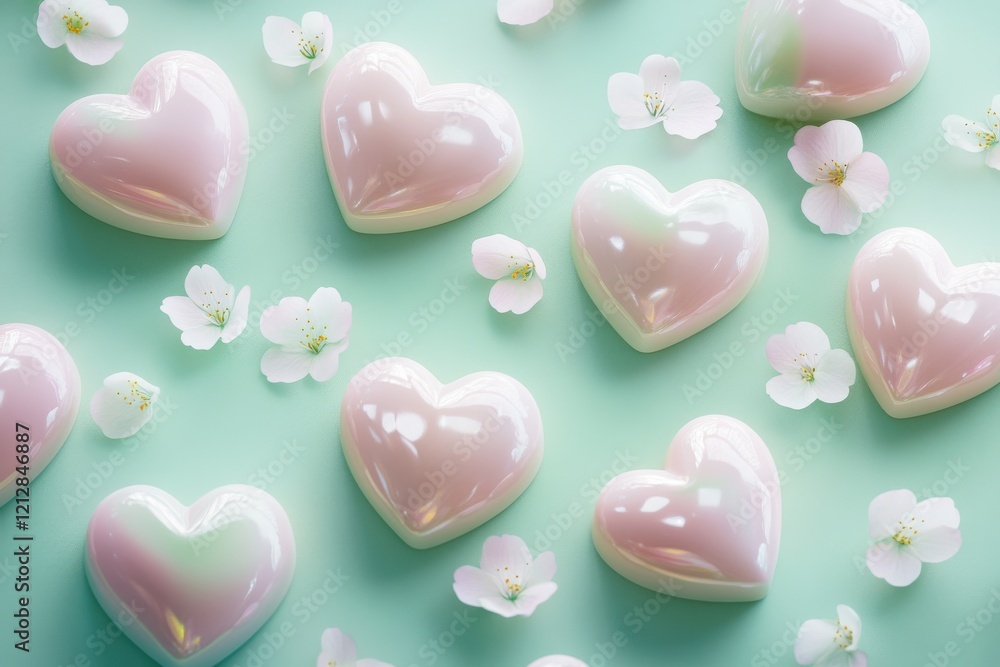 Obraz premium Scattered Pastel Pink Hearts and Sakura Petals, Minimalist Design, Photorealistic, Studio Style, Calm Atmosphere