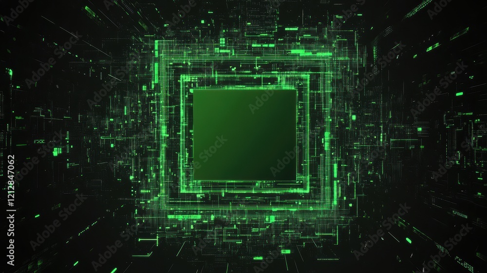 Obraz premium Green square frame on dark background with contrasting colors for creative design and digital artwork