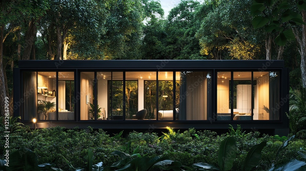 Modern jungle cabin, night lighting, rainforest backdrop, eco-tourism Modern jungle cabin, night lighting, rainforest backdrop, eco-tourism