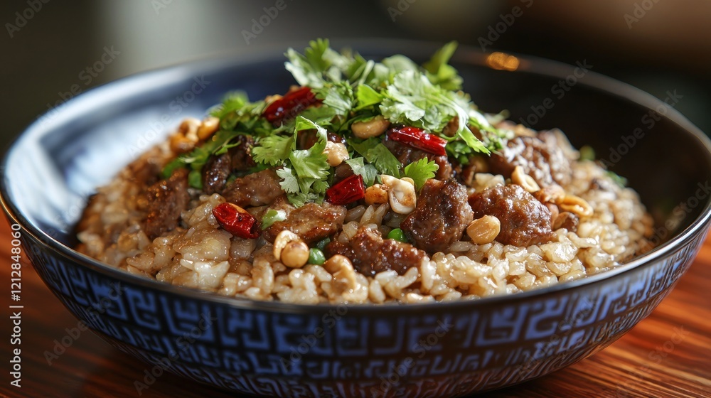 Spicy beef and rice dish with herbs, peanuts, chili, in bowl on table. Spicy beef and rice dish with herbs, peanuts, chili, in bowl on table.