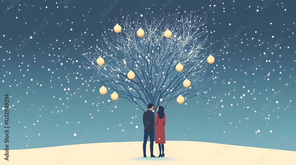 Obraz premium Couple standing under digital stars, young multicultural pair gazing up at glowing social media icons in night sky, dreamy ambiance.
