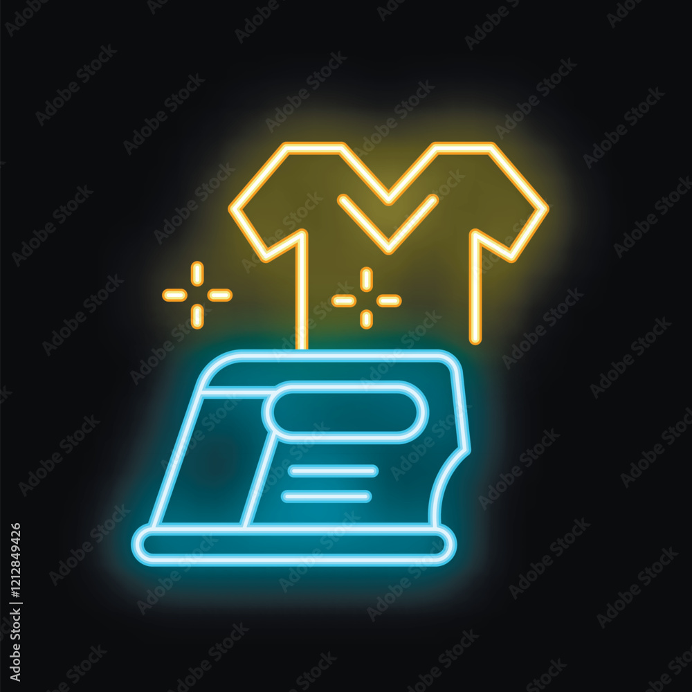 Neon glowing icon of an iron ironing clothes on a black background Neon glowing icon of an iron ironing clothes on a black background