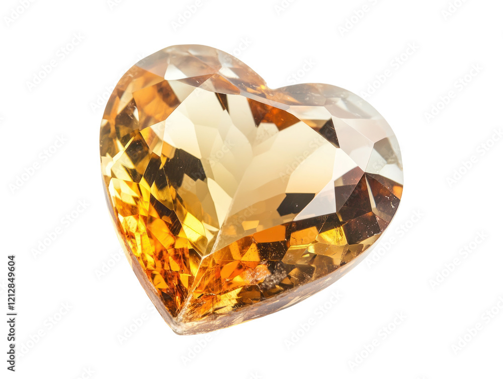 A close up image of a heart shaped topaz gemstone displaying its facets and warm golden hues. A close up image of a heart shaped topaz gemstone displaying its facets and warm golden hues.