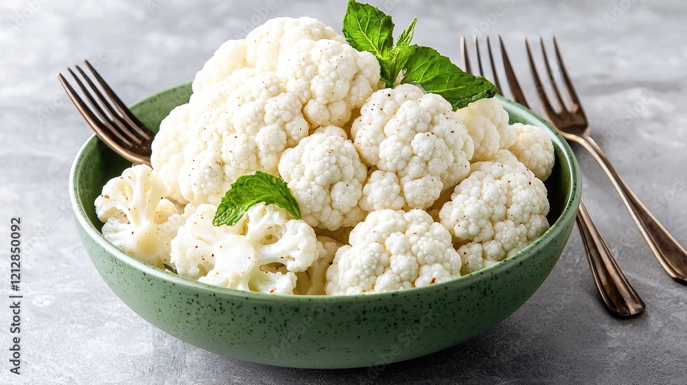 Steamed cauliflower in bowl, mint garnish, forks, grey background; healthy food photography Steamed cauliflower in bowl, mint garnish, forks, grey background; healthy food photography