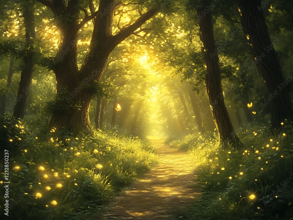 Sunlit forest path with glowing fireflies. Sunlit forest path with glowing fireflies.