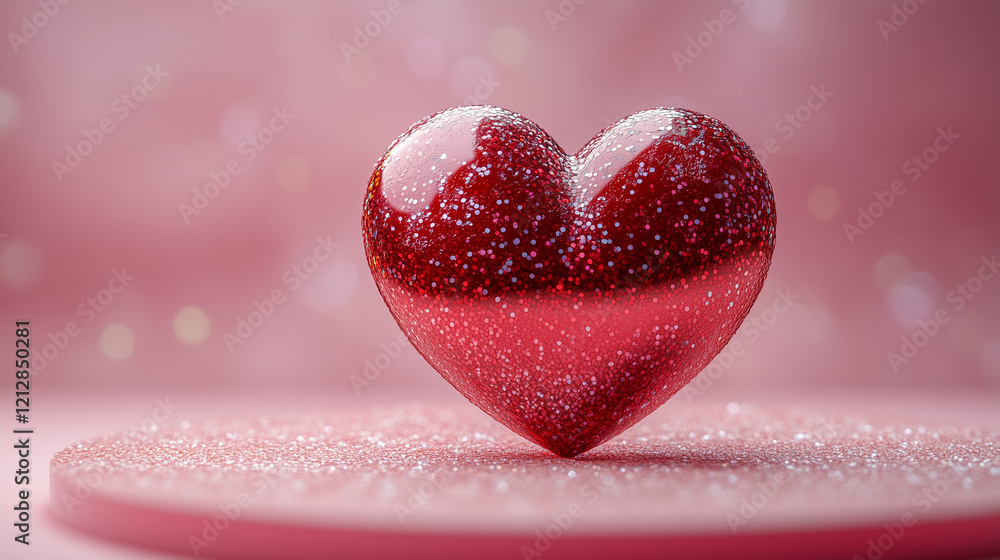 Obraz premium Glossy red heart on pink stage. Sentiment and Valentine's day showcase. 