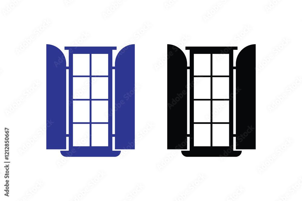 Window silhouettes with white background and color versions vector illustration, Window frame. Silhouette of window. Outline icon of house, building and facade. Black decorative arch and frame for off Window silhouettes with white background and color versions vector illustration, Window frame. Silhouette of window. Outline icon of house, building and facade. Black decorative arch and frame for off