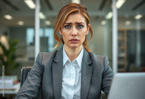 Frustrated female executive in a modern office setting