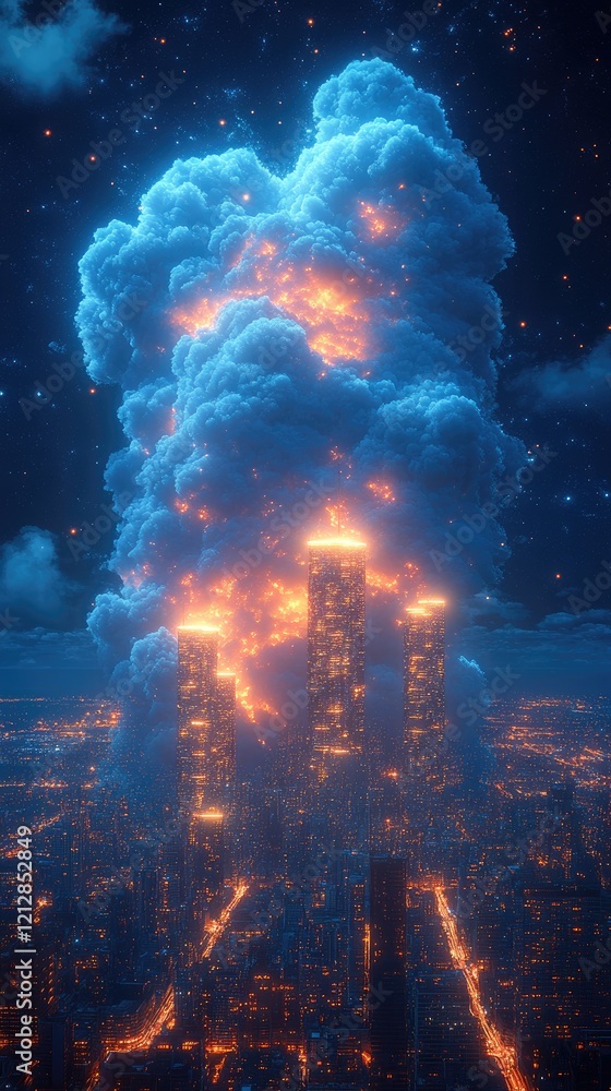 Luminous Cityscape: Towers Illuminate Night Sky Beneath a Glowing Cloud, Futuristic Urban Fantasy Dreamscape, Night City with Bright Lights and a Magical Atmosphere. Luminous Cityscape: Towers Illuminate Night Sky Beneath a Glowing Cloud, Futuristic Urban Fantasy Dreamscape, Night City with Bright Lights and a Magical Atmosphere.