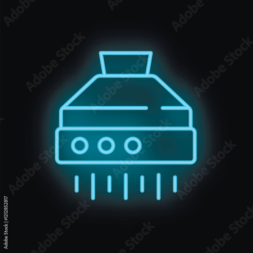 Blue neon icon of a cooker hood extracting smoke, on a black background