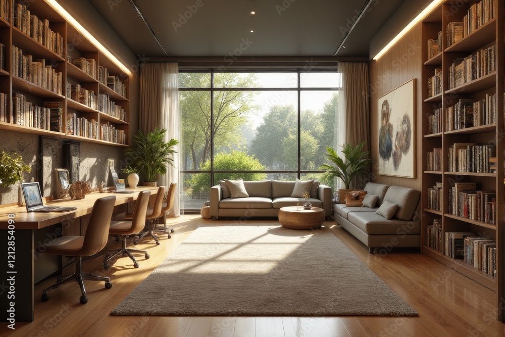Fototapeta premium A serene library space emphasizing digital reading with noise canceling zones