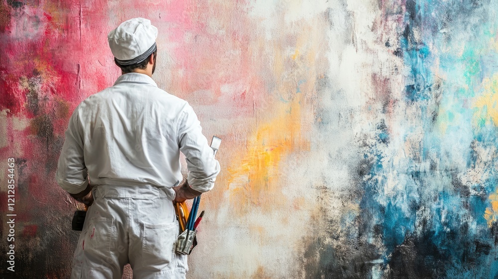 A painter in a white uniform stands near an unpainted wall, clutching his tools, representing a fresh start for home renovation. A painter in a white uniform stands near an unpainted wall, clutching his tools, representing a fresh start for home renovation.