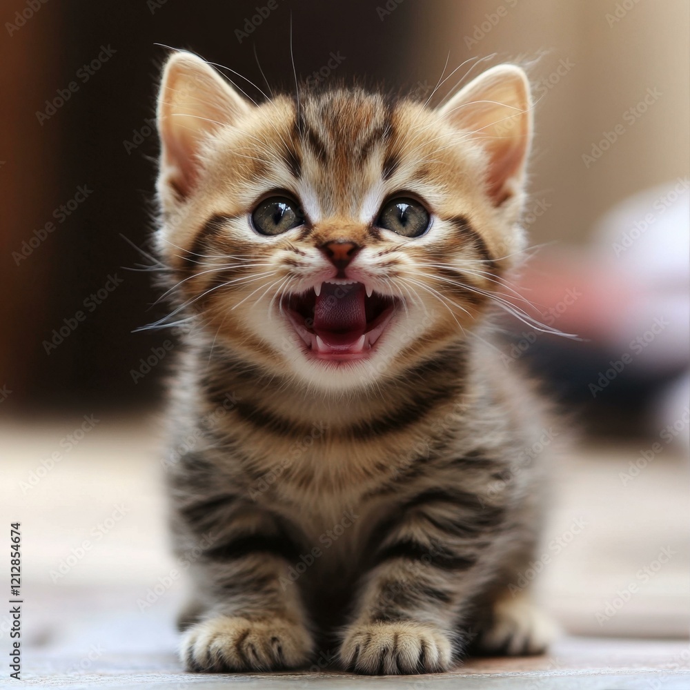 Naklejka premium Adorable Kitten Posing with Open Mouth Displaying Little Teeth Ready for Fun and Action