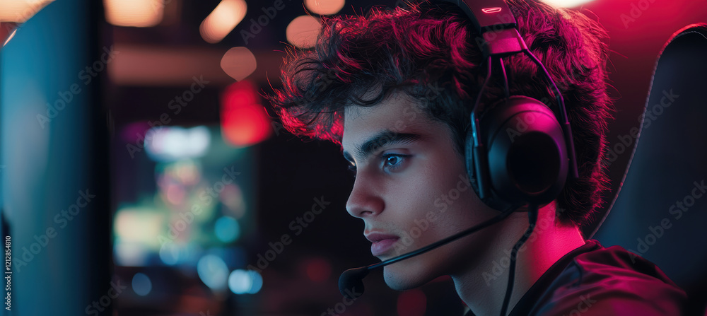 Focused Gamer Engaged in Team Strategy Amidst Blur of Gaming Equipment and Screens Focused Gamer Engaged in Team Strategy Amidst Blur of Gaming Equipment and Screens