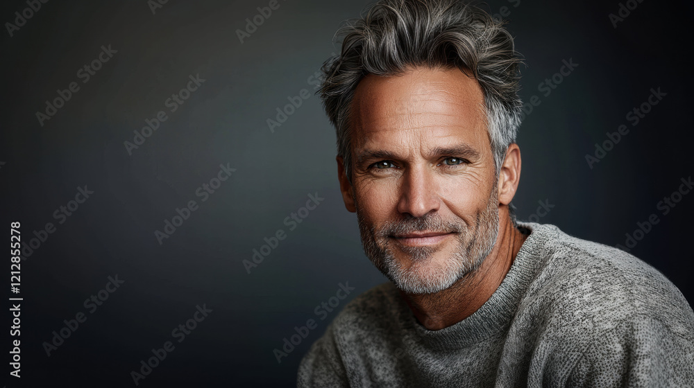 Close-up portrait of a middle-aged man with salt-and-pepper hair, a relaxed expression, and a comfortable crewneck sweater, with a smooth neutral gray backdrop Close-up portrait of a middle-aged man with salt-and-pepper hair, a relaxed expression, and a comfortable crewneck sweater, with a smooth neutral gray backdrop