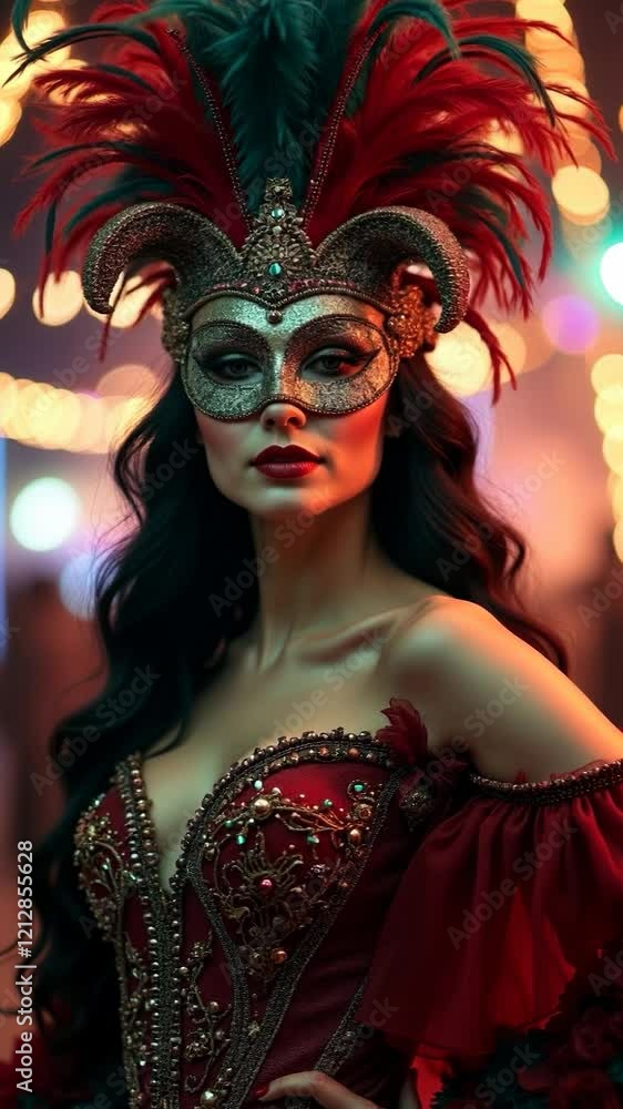 A performer in a detailed red costume captivates the audience with an ornate mask amidst a festive atmosphere filled with lights A performer in a detailed red costume captivates the audience with an ornate mask amidst a festive atmosphere filled with lights