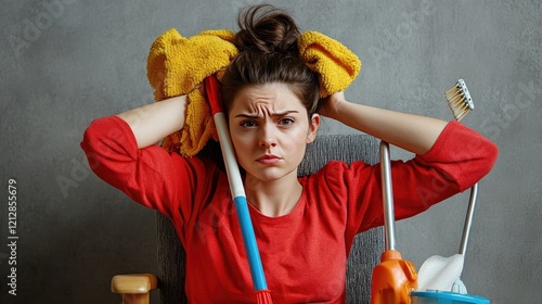 A woman slouches in her chair with cleaning tools in hand, her weary face highlighting her reluctance to clean. photo