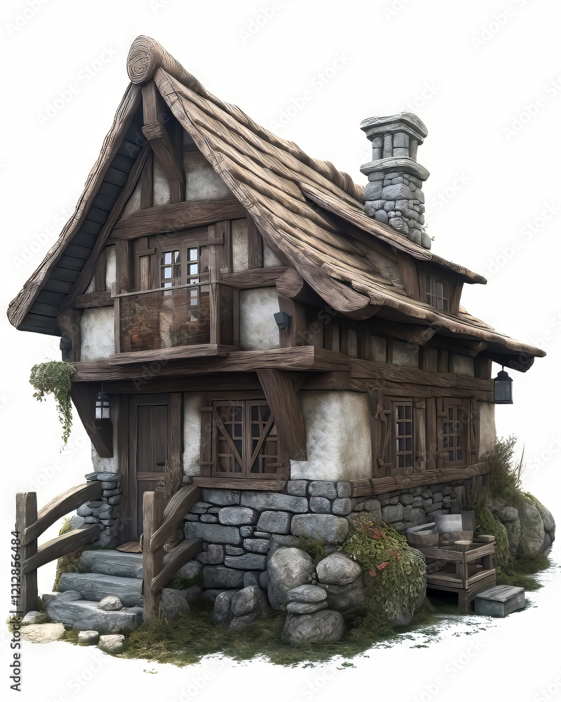 A charming small school building with red bricks, a pitched roof, and a central bell tower, isolated on a clean white background A charming small school building with red bricks, a pitched roof, and a central bell tower, isolated on a clean white background